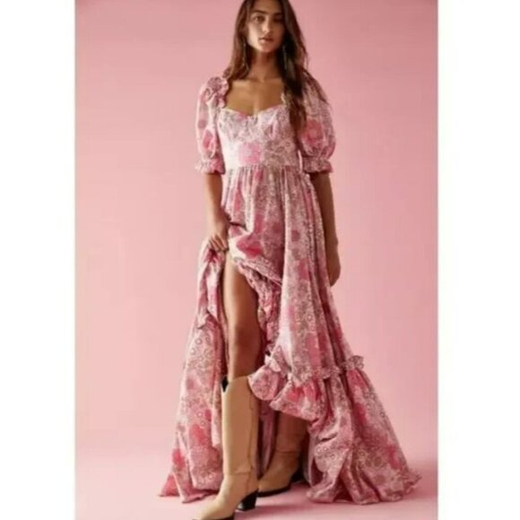 Selkie Dresses & Skirts - Selkie The Ritz Maxi Vintage Romantic Floral Puff Sleeve Sof Pink Dress Size XS